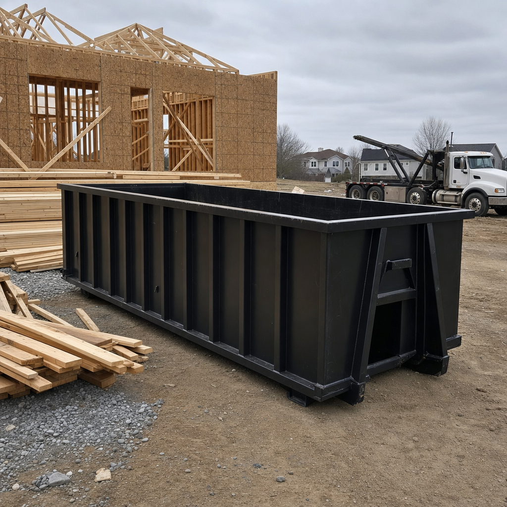 Matte-black 40-yard roll-off dumpster staged on a framed-out residential construction site in Phoenix, framing lumber stacked nearby, hooklift delivery truck visible in the background under bright Colorado daylight