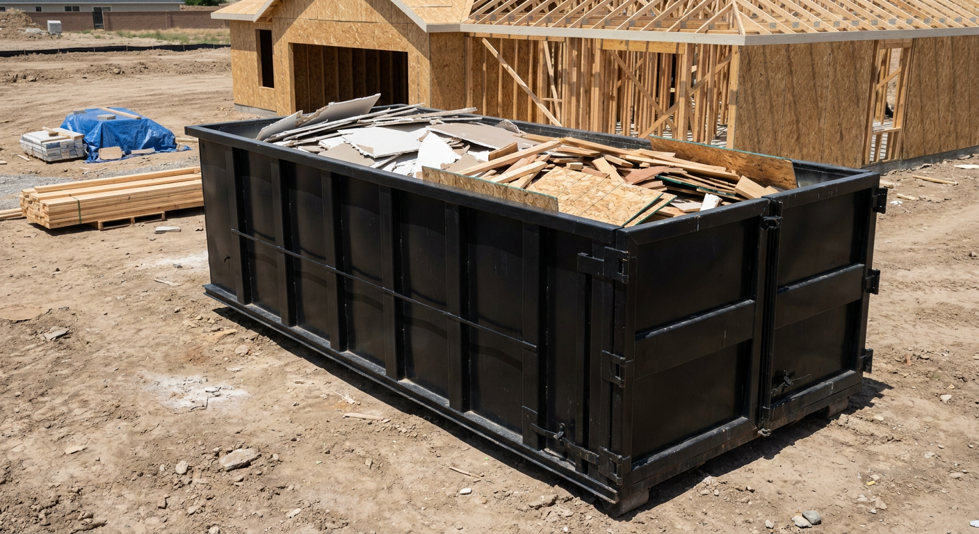 Matte-black 30-yard roll-off construction dumpster sitting directly on the compacted-dirt site of a framed single-family home build in Phoenix, drywall and lumber scrap loaded inside.