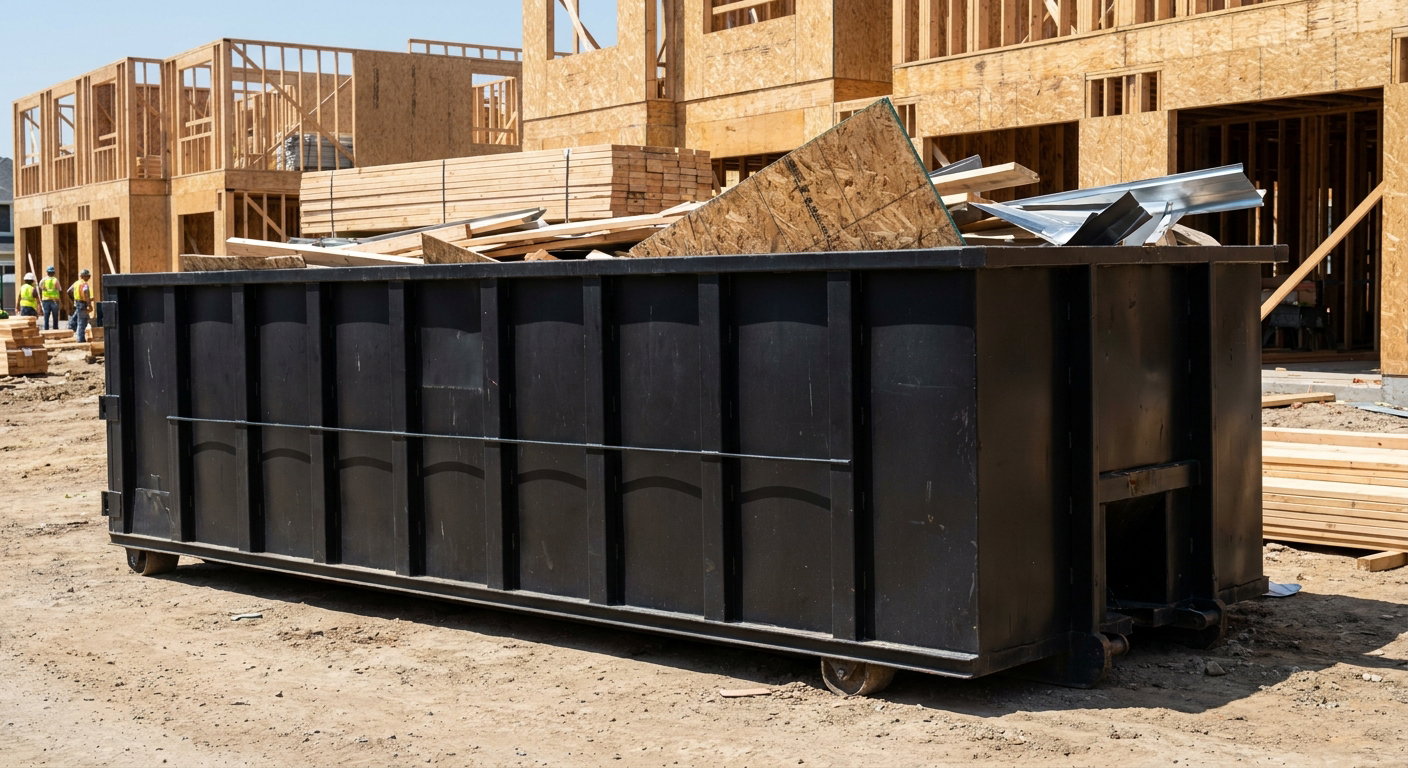 Matte-black 40-yard roll-off construction dumpster being lowered from a white-cab hooklift delivery truck onto the compacted-dirt jobsite at a commercial build site in Phoenix