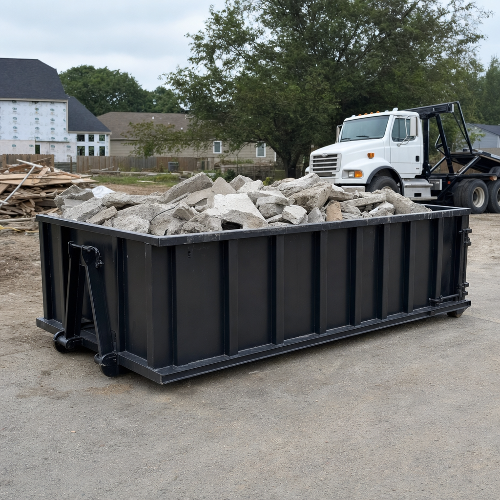 Low-profile matte-black lowboy roll-off dumpster loaded with broken concrete slab and rebar at a foundation tear-out in Phoenix, skid steer parked beside it, sunny Colorado morning