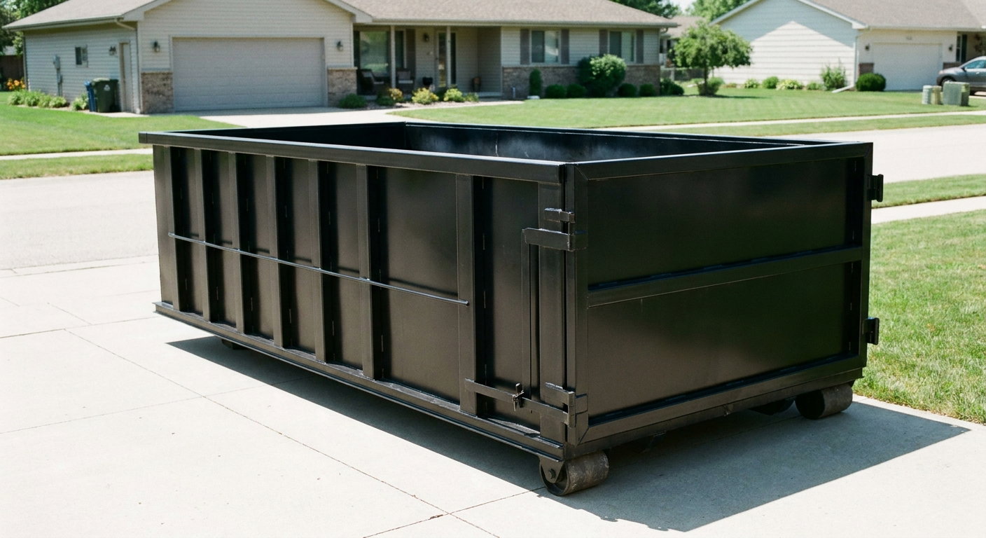 Matte-black 10-yard roll-off dumpster on a residential concrete driveway in Phoenix, uniformly painted matte black across every panel and rail, ribbed steel sidewalls and rear swing door visible, mid-day daylight.