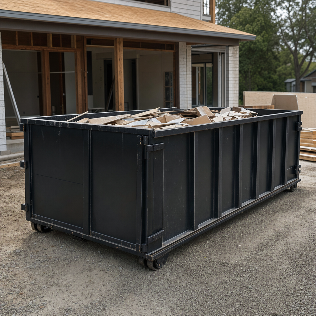 Large matte-black 30-yard construction roll-off dumpster at an active Phoenix jobsite, steel-gray top rails and bottom rollers visible, loaded with construction debris.