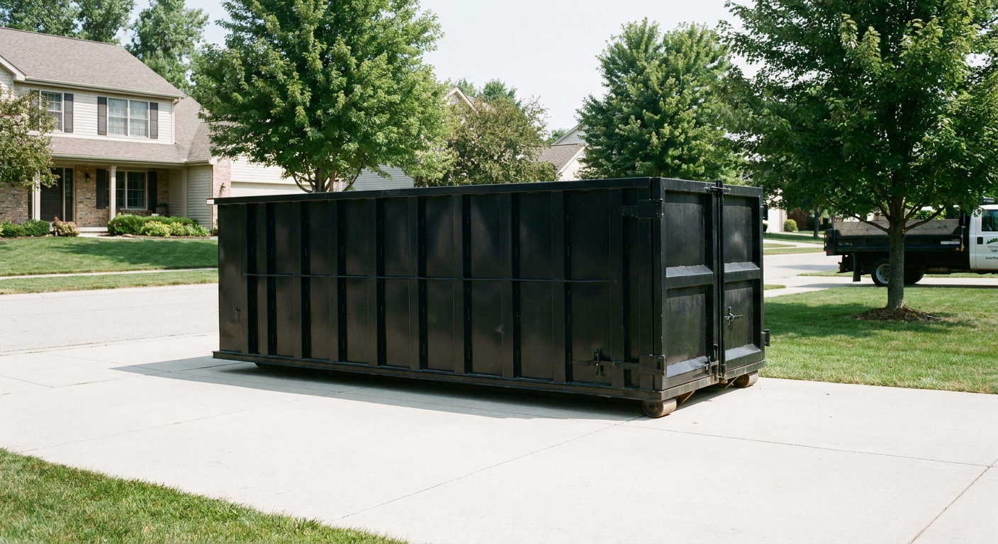 Matte-black 20-yard roll-off dumpster sitting level on a clean Phoenix residential concrete driveway under bright daylight, demonstrating clean placement directly on the concrete.