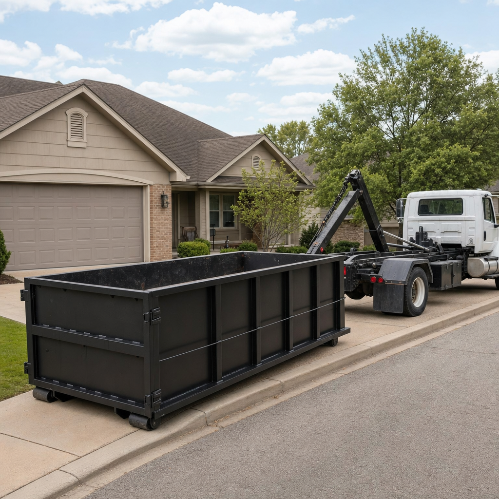 Wide documentary shot of a matte-black roll-off dumpster on a Phoenix residential driveway in the foreground and a contractor jobsite container in the soft-focus background, bright daylight, calm and orderly composition.