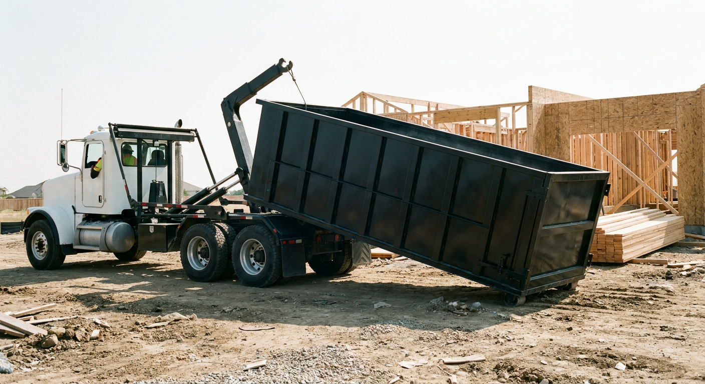 Matte-black roll-off dumpster being delivered onto a clean residential concrete driveway in Phoenix by an unmarked white hooklift hauler truck, bright morning daylight, documentary 35mm perspective.