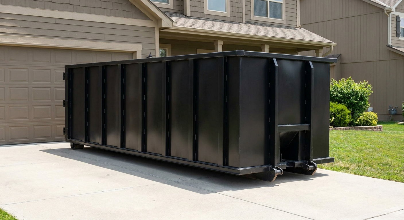Matte-black residential roll-off dumpster sitting directly on a suburban Phoenix concrete driveway, garage door closed, single-family home in background, bright morning daylight.