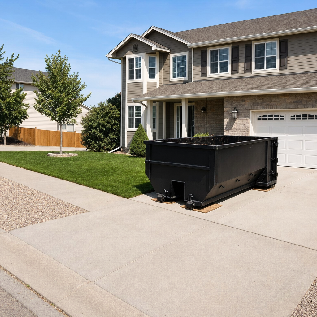 10-yard matte-black residential dumpster placed directly on a narrow Phoenix concrete driveway, room remains for a parked sedan beside it, mid-morning natural light