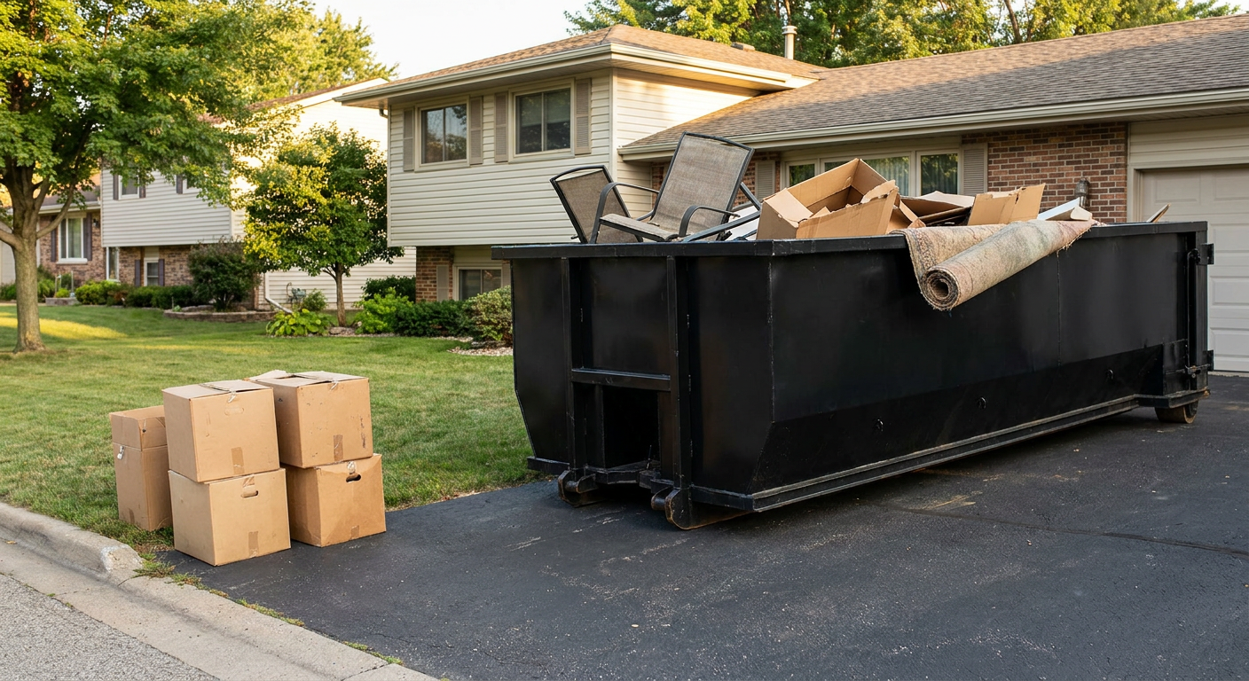Front-yard view of a Phoenix split-level home with a 20-yard matte-black roll-off dumpster sitting directly on the asphalt driveway, a few clearly labeled donation boxes staged at the curb, calm sunny afternoon.