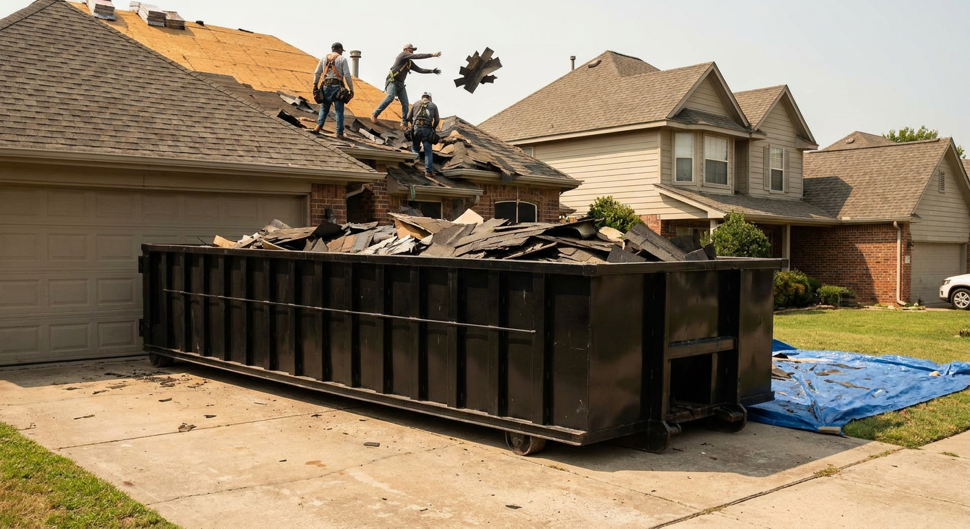 Matte-black roofing roll-off dumpster placed directly on a Phoenix residential concrete driveway, a tear-off crew on a two-story asphalt-shingle roof tossing shingle bundles into the low-walled container, bright daylight, documentary 35mm perspective.