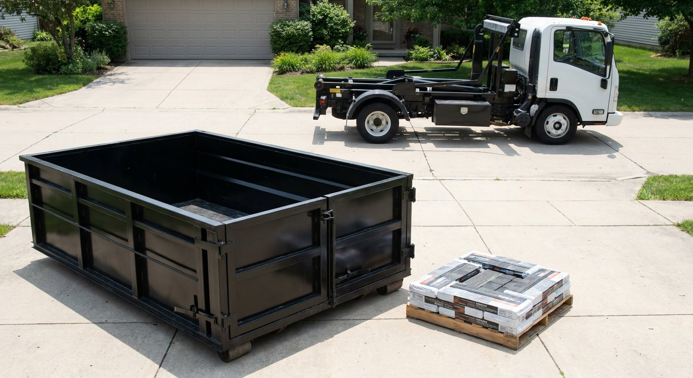 Matte-black 15-yard roofing roll-off dumpster with reinforced low side walls sitting directly on a Phoenix residential concrete driveway, three-tab asphalt shingle bundles stacked nearby, an unmarked white hauler truck partially visible at the edge of the frame.