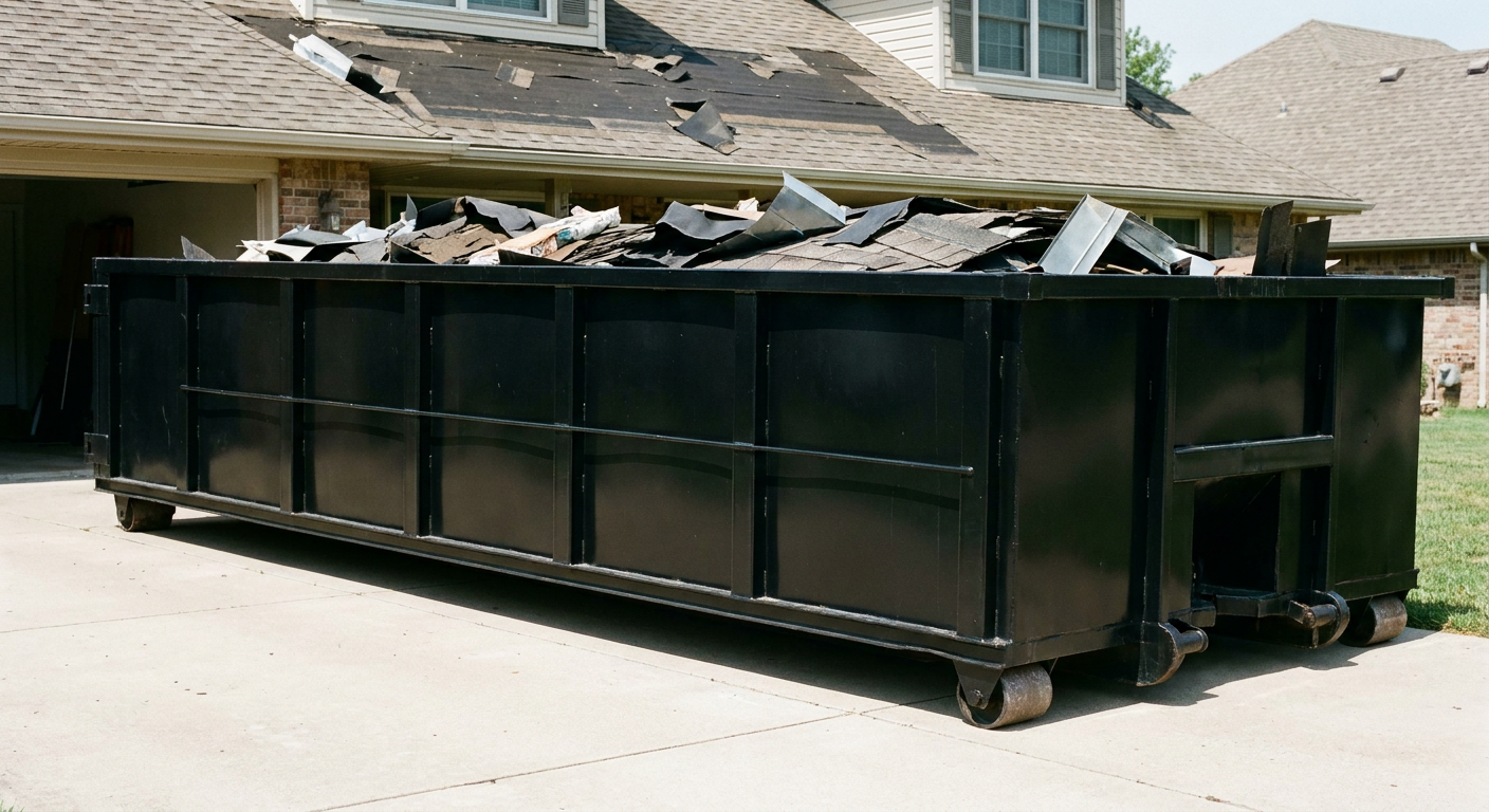 Matte-black 20-yard roofing roll-off dumpster with steel ribbed sides and swinging rear door, sitting directly on the concrete driveway of a two-story Phoenix home, asphalt shingle debris being loaded over the low wall, clean documentary lighting.