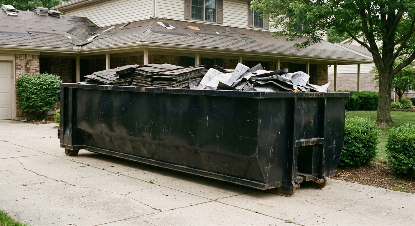 Matte-black 30-yard roofing roll-off dumpster sitting directly on a Phoenix concrete driveway, taller ribbed steel side panels, mixed tear-off debris of asphalt shingles and underlayment inside, professional documentary daylight.
