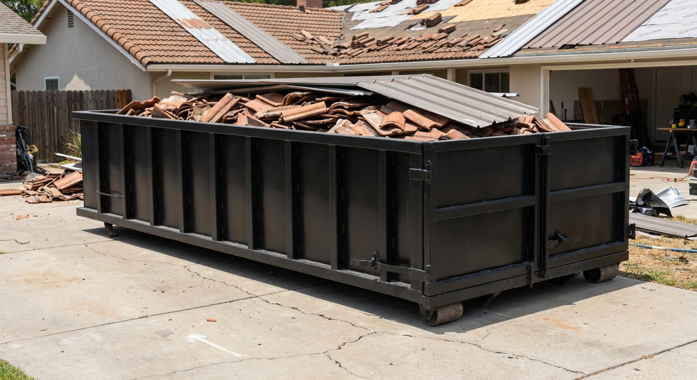 Matte-black low-wall heavy-debris roofing roll-off dumpster sitting directly on a Phoenix concrete driveway, broken concrete clay roof tiles and metal panel sections loaded inside, reinforced ribbed steel side walls visible, bright outdoor daylight.