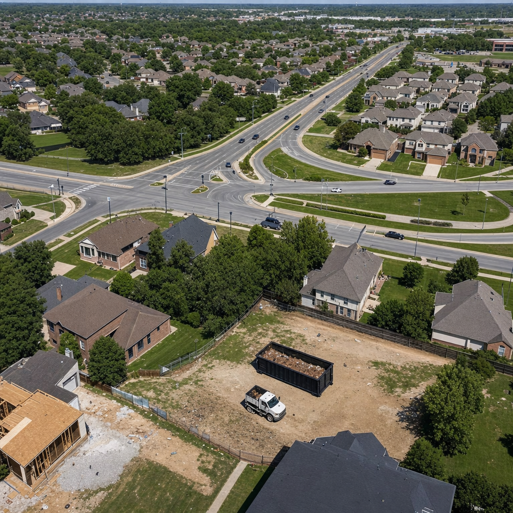 An overhead documentary view of the Phoenix metro area at midday, showing the spread of neighborhoods, arterial roads, and the dispatch radius from a central yard — clean daylight, organized geographic layout.