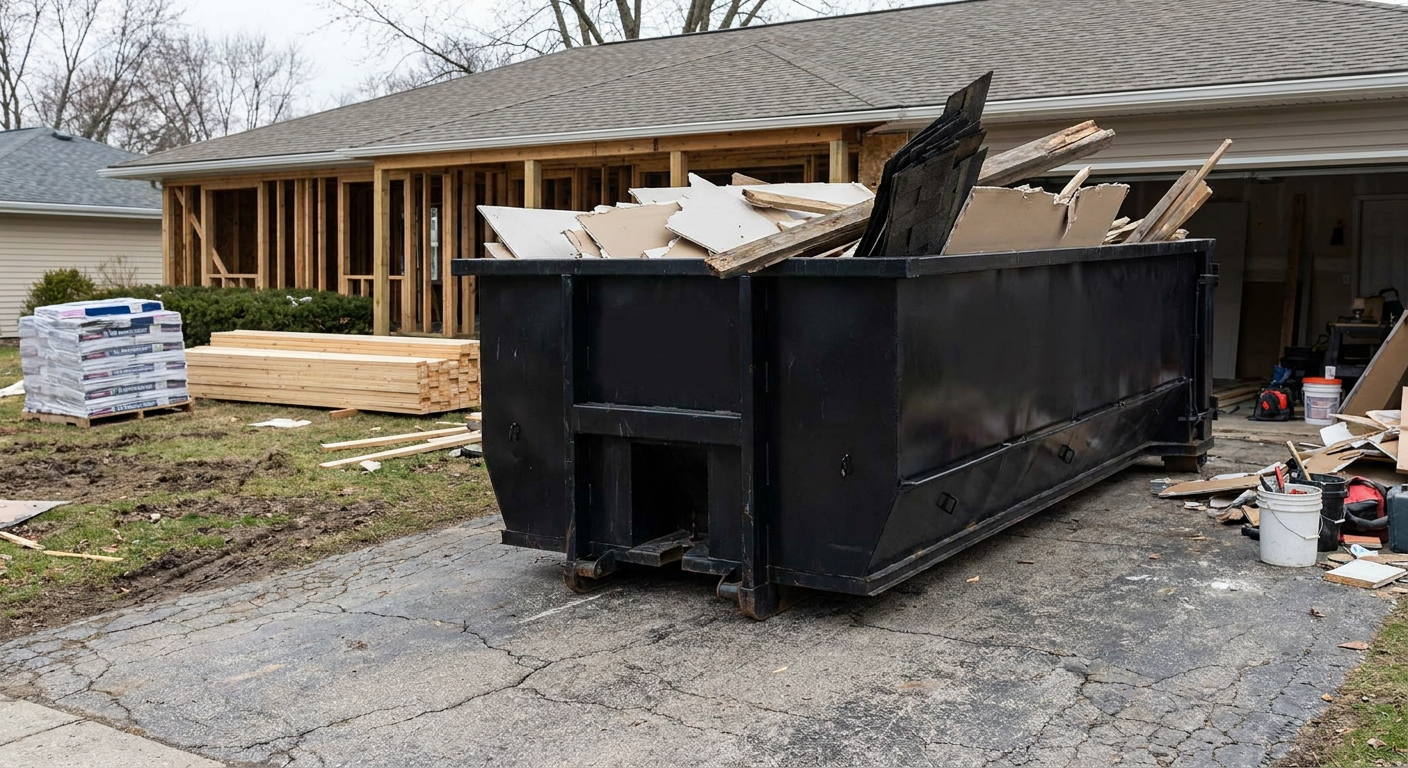 A matte-black 20-yard roll-off dumpster placed alongside a mid-renovation Phoenix home directly on the asphalt driveway, with framing materials and torn-off shingles staged neatly nearby.