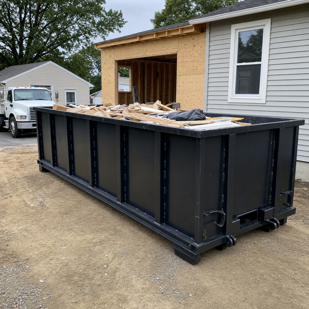 A matte-black 30-yard roll-off dumpster positioned at a Phoenix residential addition jobsite, with framing lumber and drywall scraps loaded through the open swinging rear doors.