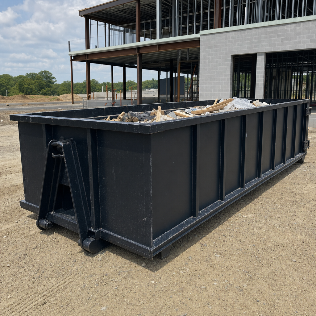 A matte-black 40-yard roll-off dumpster staged on a large Phoenix commercial construction lot, with a hooklift delivery truck parked alongside under bright midday sky.