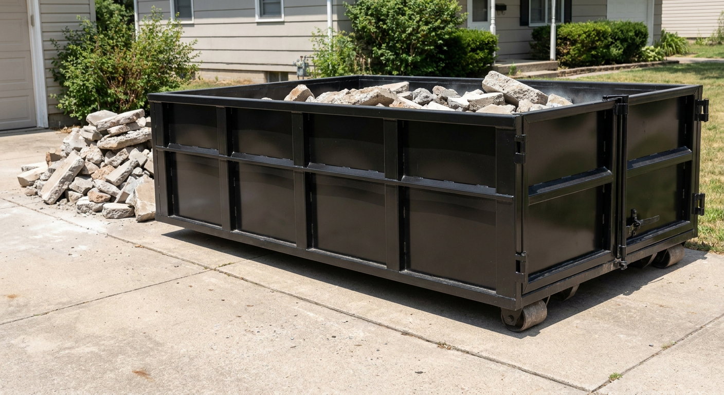 A matte-black low-side heavy-debris roll-off dumpster placed directly on a Phoenix concrete driveway, with broken concrete chunks neatly stacked beside it under clean daylight.